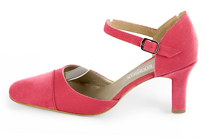 Carnation pink women's open side shoes, with an instep strap. Round toe. High kitten heels. Profile view - Florence KOOIJMAN